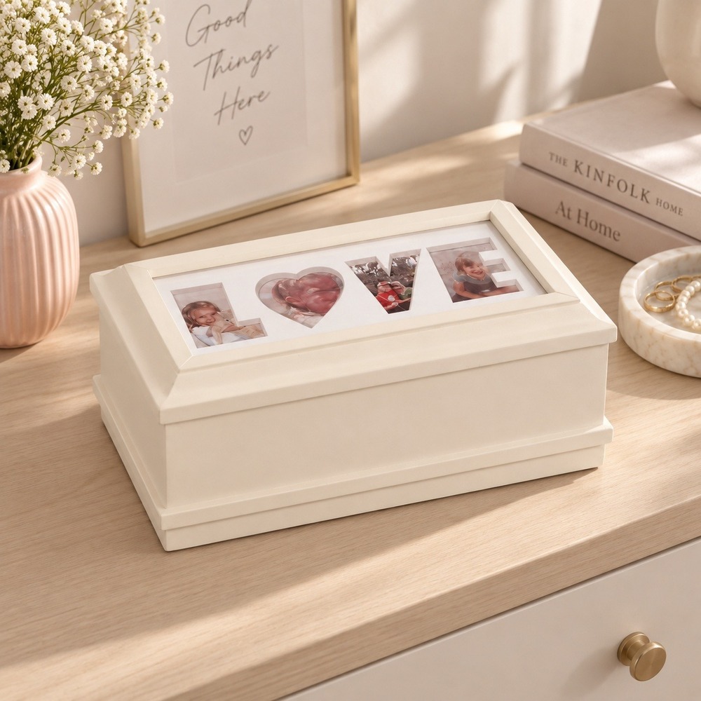 Always & Forever White Wooden Jewelry Box Photo Frame Lid Love Hope Stencil VTG